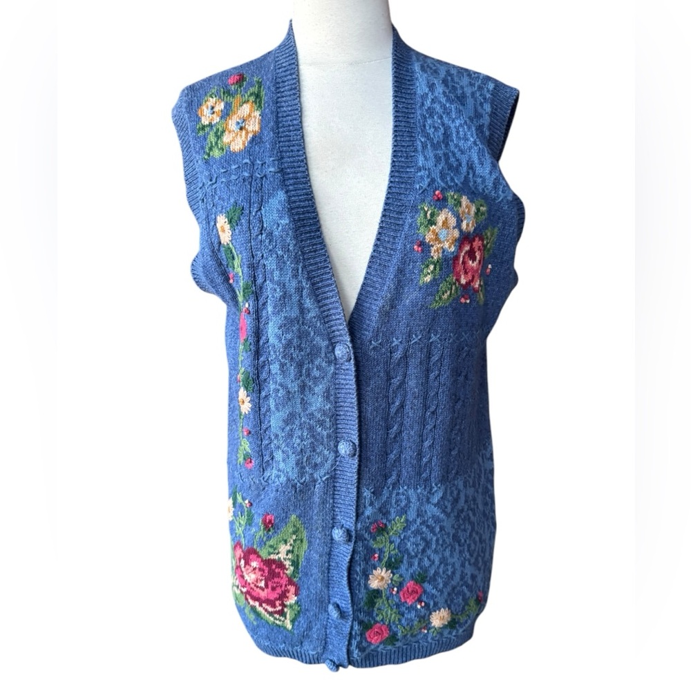 1993 Susan Bristol Hand Embroidered Floral Knit Vest